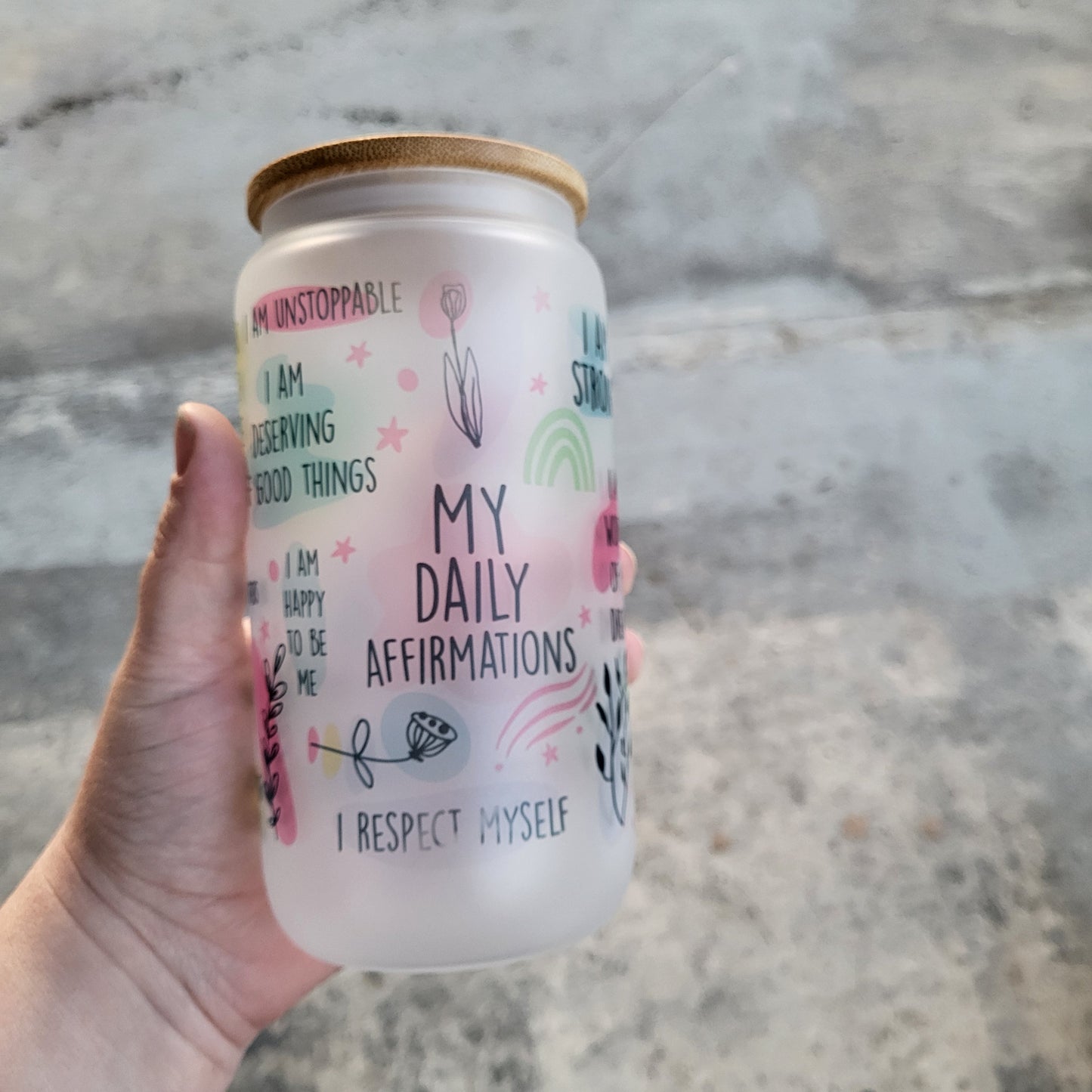 "My Daily Affirmations" Glass Can Tumbler 16 oz *Clearance*