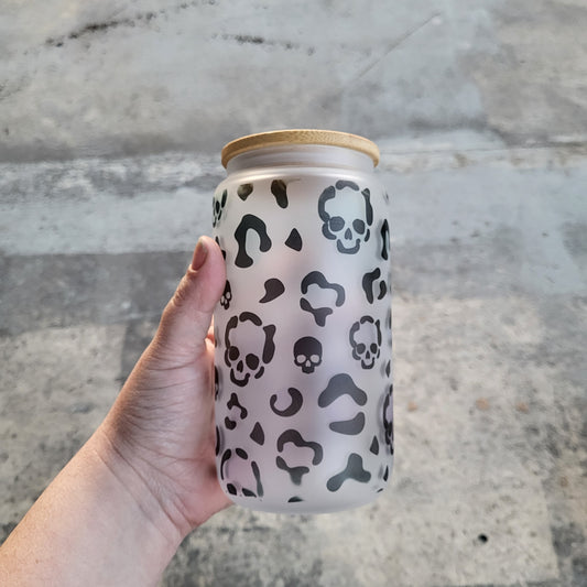 "Skull Leopard Print" Glass Can Tumbler 16 oz *Clearance*